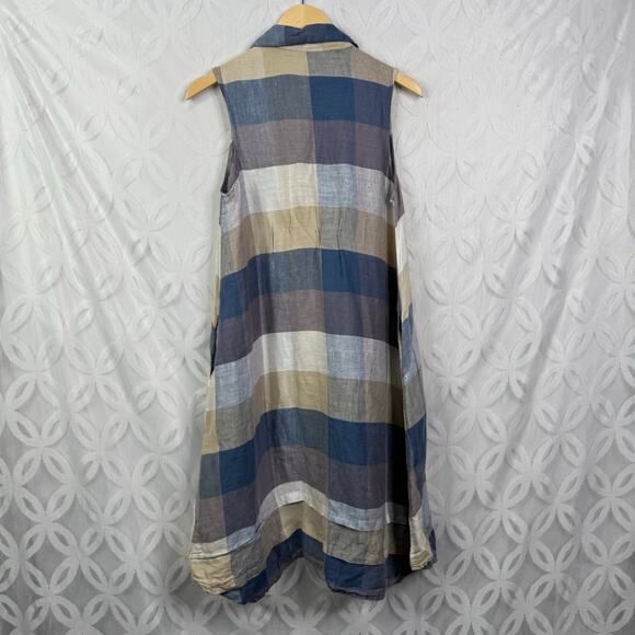 Yuvita Chambray Sleeveless Pintuck Plaid Linen Dress Lagenlook Blue Size S $148 - Picture 4 of 11